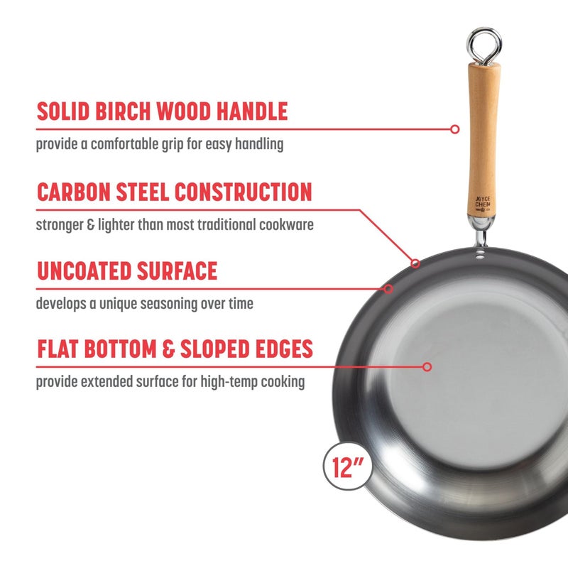 JOYCE CHEN Classic Series 12-Inch Carbon Steel Stir Fry Pan with Birch Handle - Image 2
